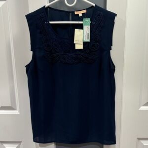 Sleeveless Navy Embroidered Neckline Top